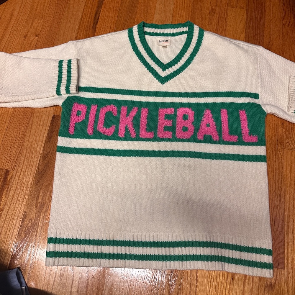 Womens V-Neck Pickleball Sweater - White, Green and Pink Sweater